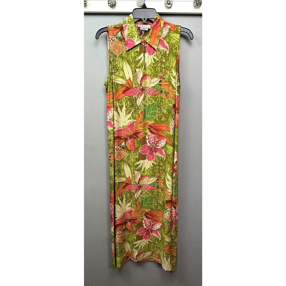 Desert Shores Dress Womens Small Green Pink Floral Tropical Sleeveless Maxi